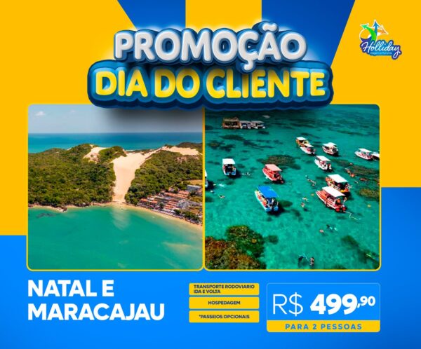 PROMOÇÃO DIA DO CLIENTE ! Pacote Completo de Viagem para Natal + Maracajaú + Lagoa de Arituba com Transporte (ida e volta) + Hospedagem para 2 pessoas, por apenas R$ 499,90