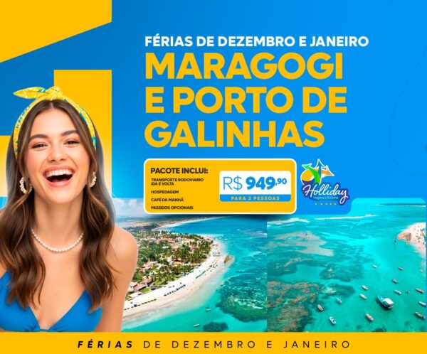 Pacote de Férias completo para Maragogi + Porto de Galinhas com a Holliday para 2 pessoas + Transporte + Hospedagem + Café da manhã, por apenas R$ 949,90!