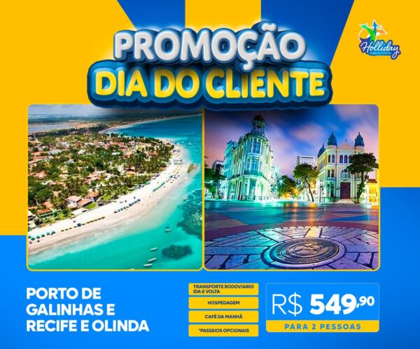 PROMOÇÃO DIA DO CLIENTE ! Pacote Completo de Viagem para Porto de Galinhas + Recife e Olinda com a Holliday para 2 pessoas + Transporte + Hospedagem + Café da manhã + Passeios, por apenas R$ 549,90 !