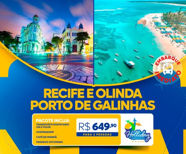 Pacote Completo de Viagem para Porto de Galinhas + Recife e Olinda com a Holliday para 2 pessoas + Transporte + Hospedagem + Café da manhã + Passeios, por apenas R$ 649,90 !